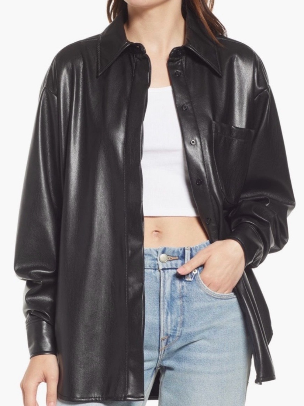 Good American Vegan Leather Split Back Shirt Jacket